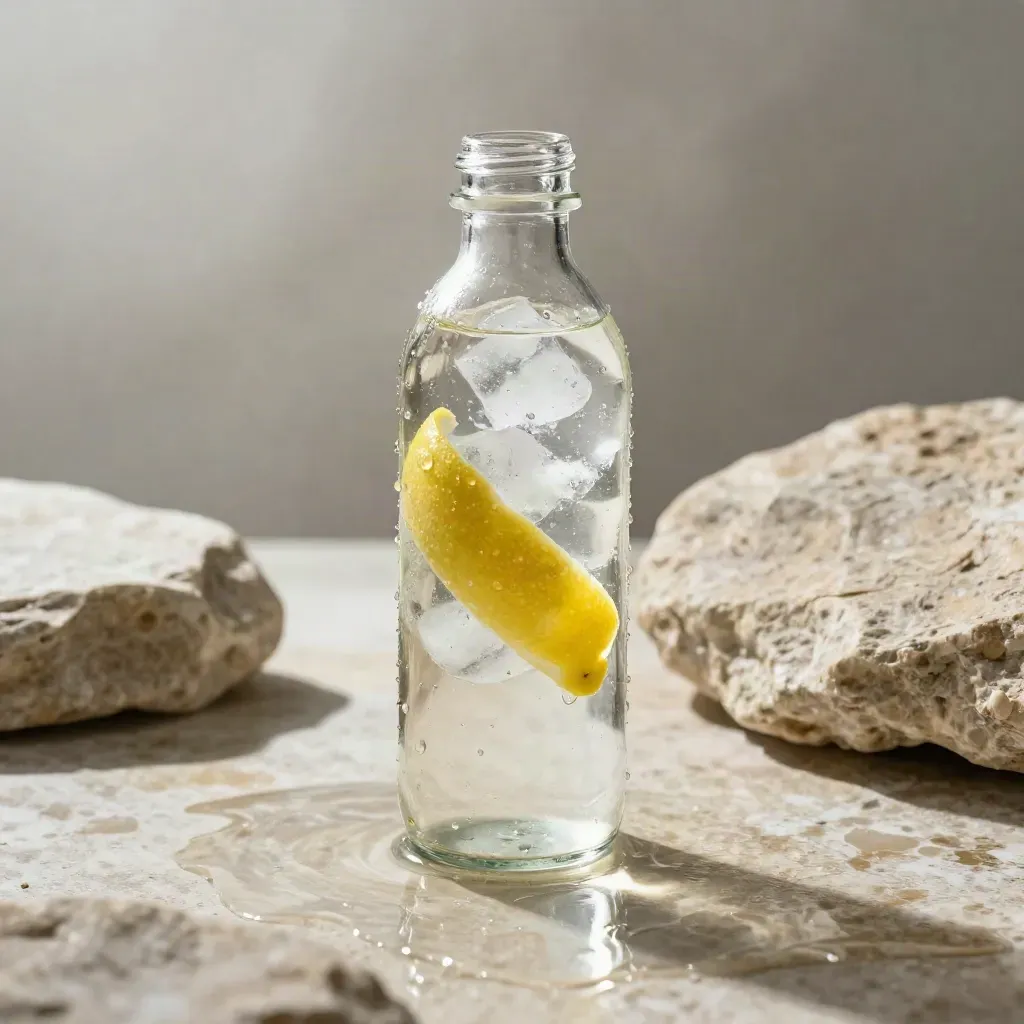 Citrus vitamin water bottle with glass, ice and lemon peel on wet limestone