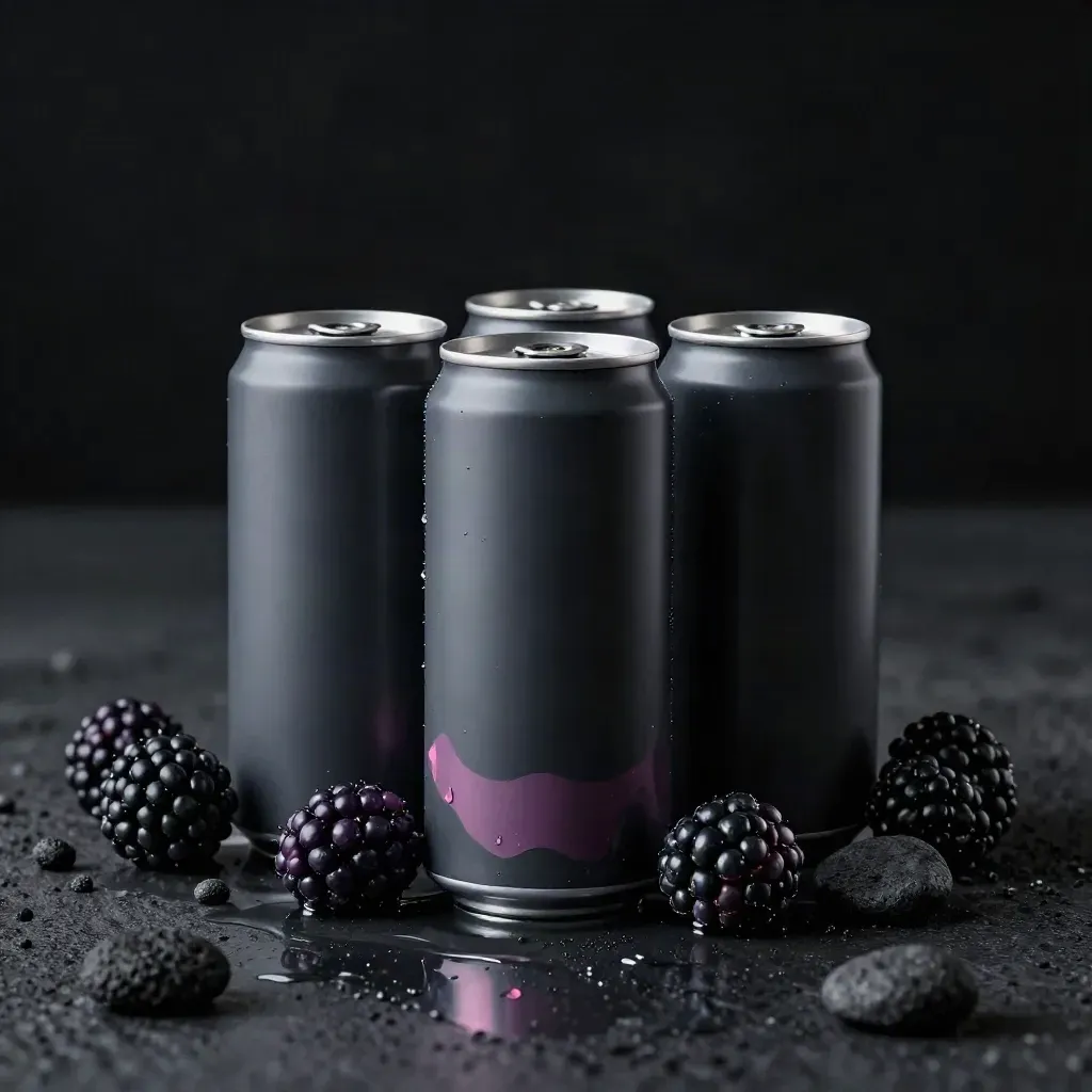 Three berry collagen cans on wet basalt with blackberry stems and a settling splash