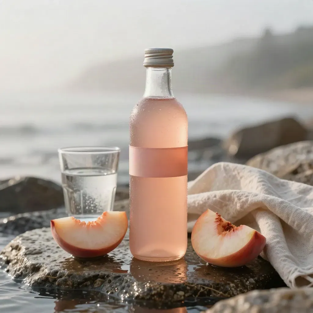 Peach collagen water bottle with peach wedges, tumbler and linen on wet stone in dawn mist.