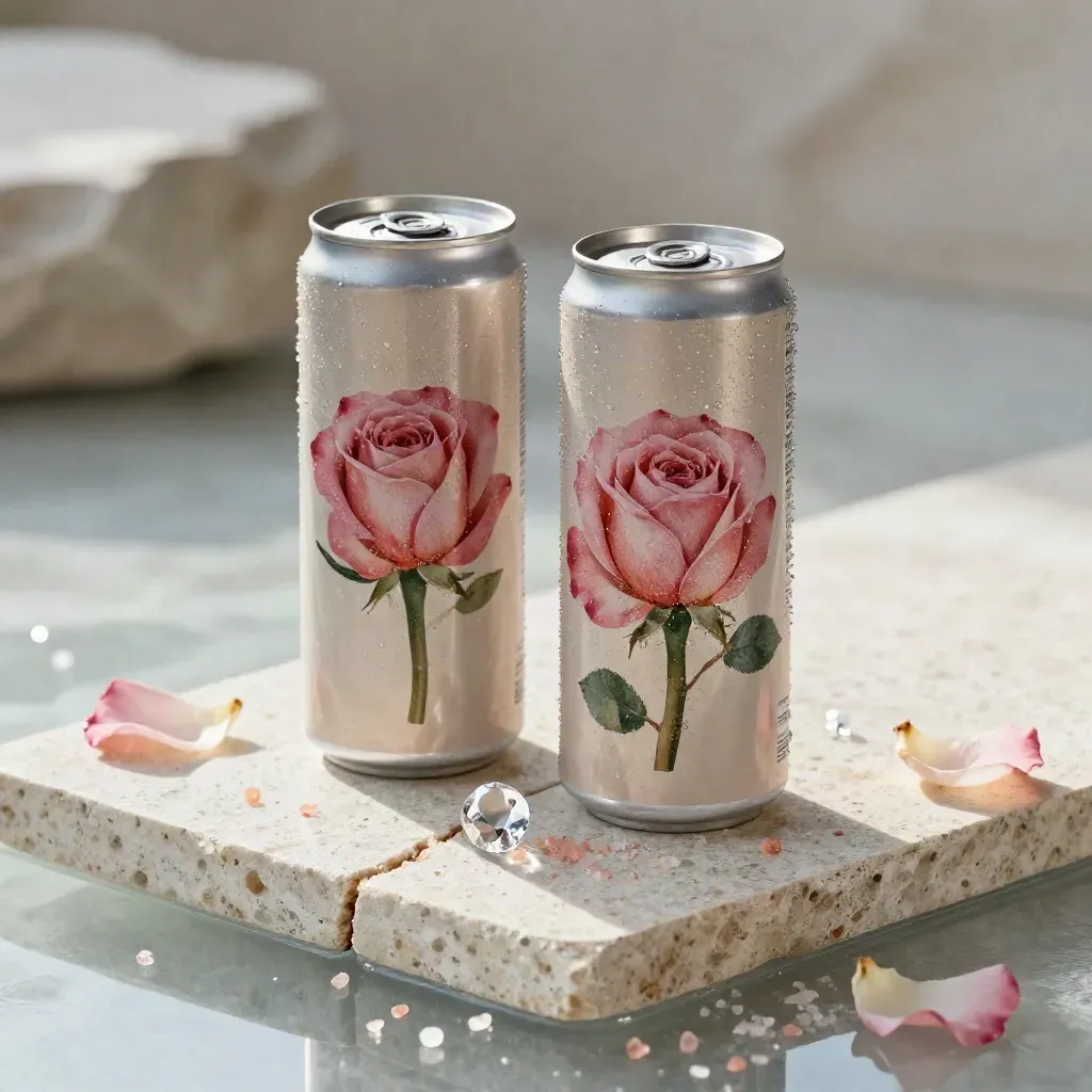 Two unlabelled sparkling rose cans on stone with petals, salt crystals and cut glass.