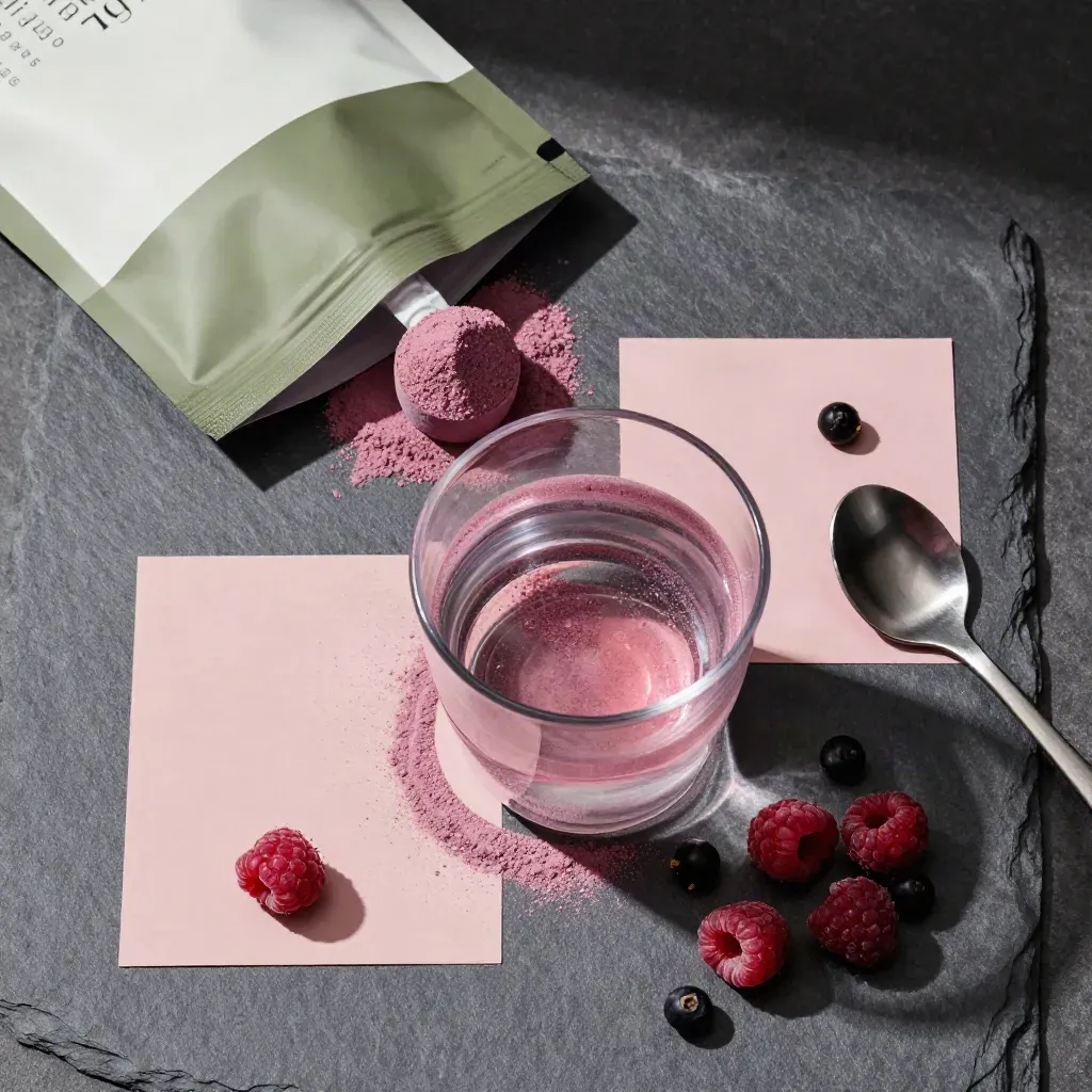 Overhead flatlay of berry collagen powder pouch, scoop, spoon, berries and cloudy water on stone.