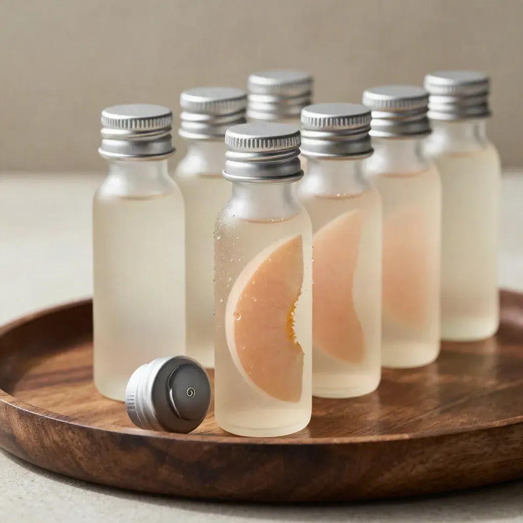 Macro of six chilled peach collagen shots in a sculptural arc with condensation and a peach slice.