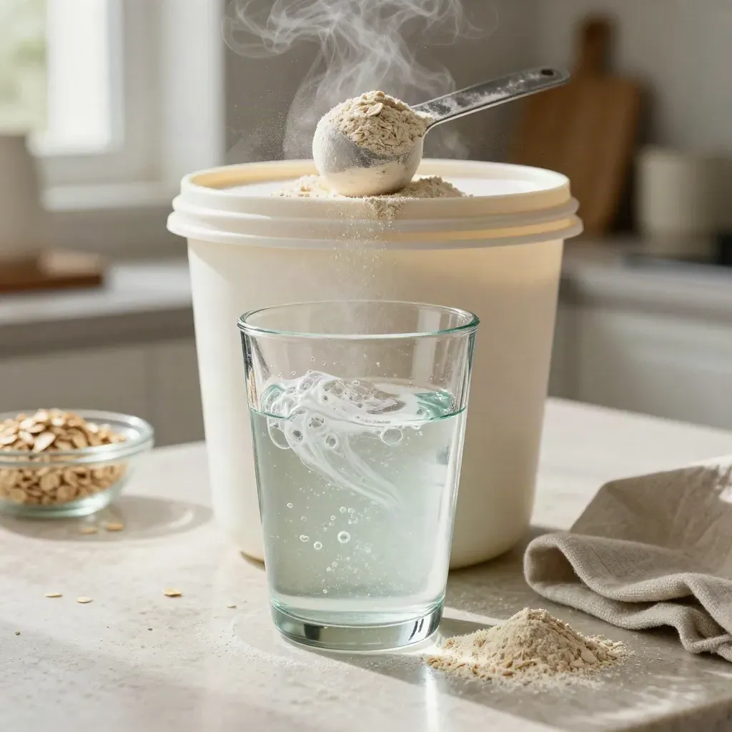 Hydration powder tub, scoop and swirling glass on stone with mist and powder bloom.