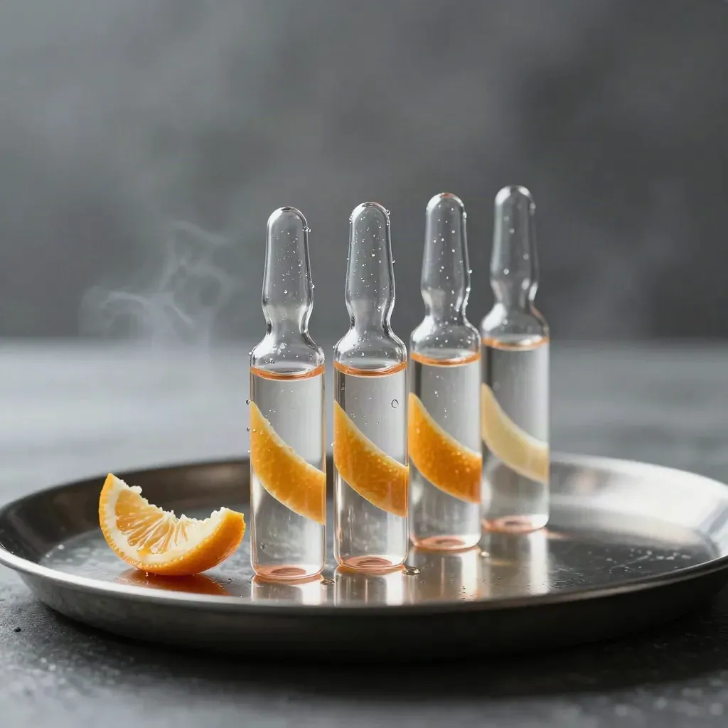 Five chilled vitamin C shot vials on a metal tray with citrus zest and mist, lit dramatically.