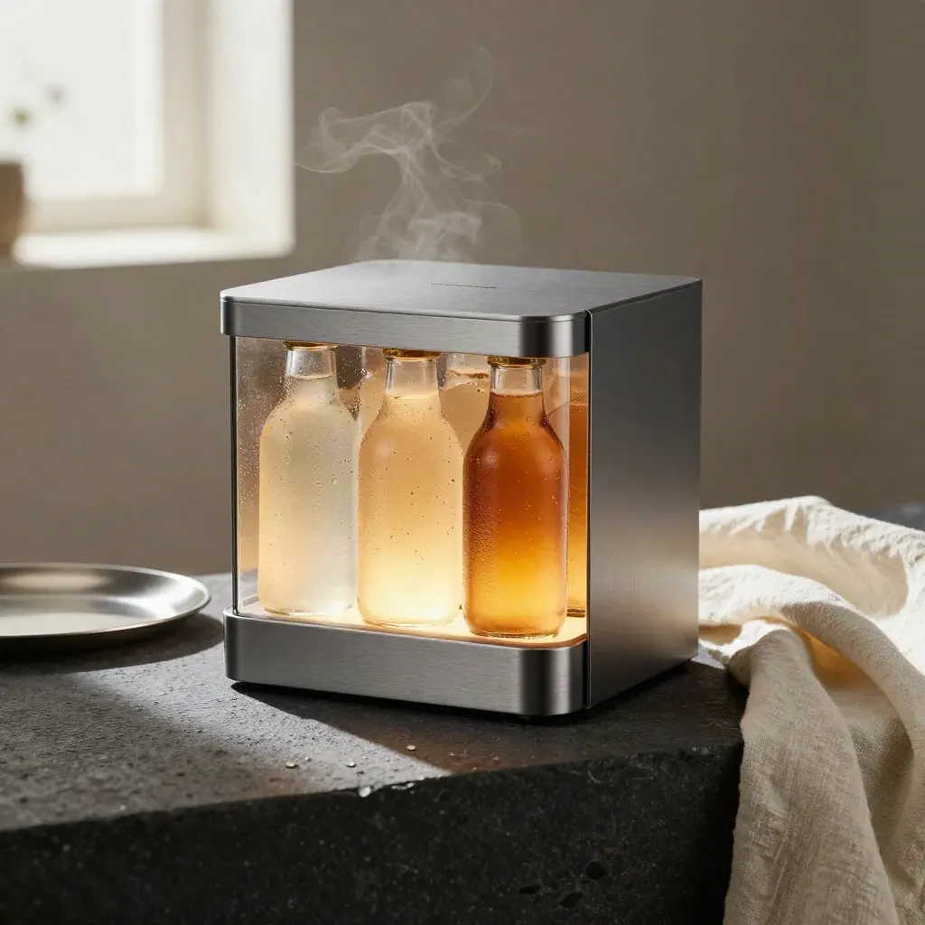 Open weekend glow box with four chilled drinks, ice wrap and soft vapor on charcoal stone.