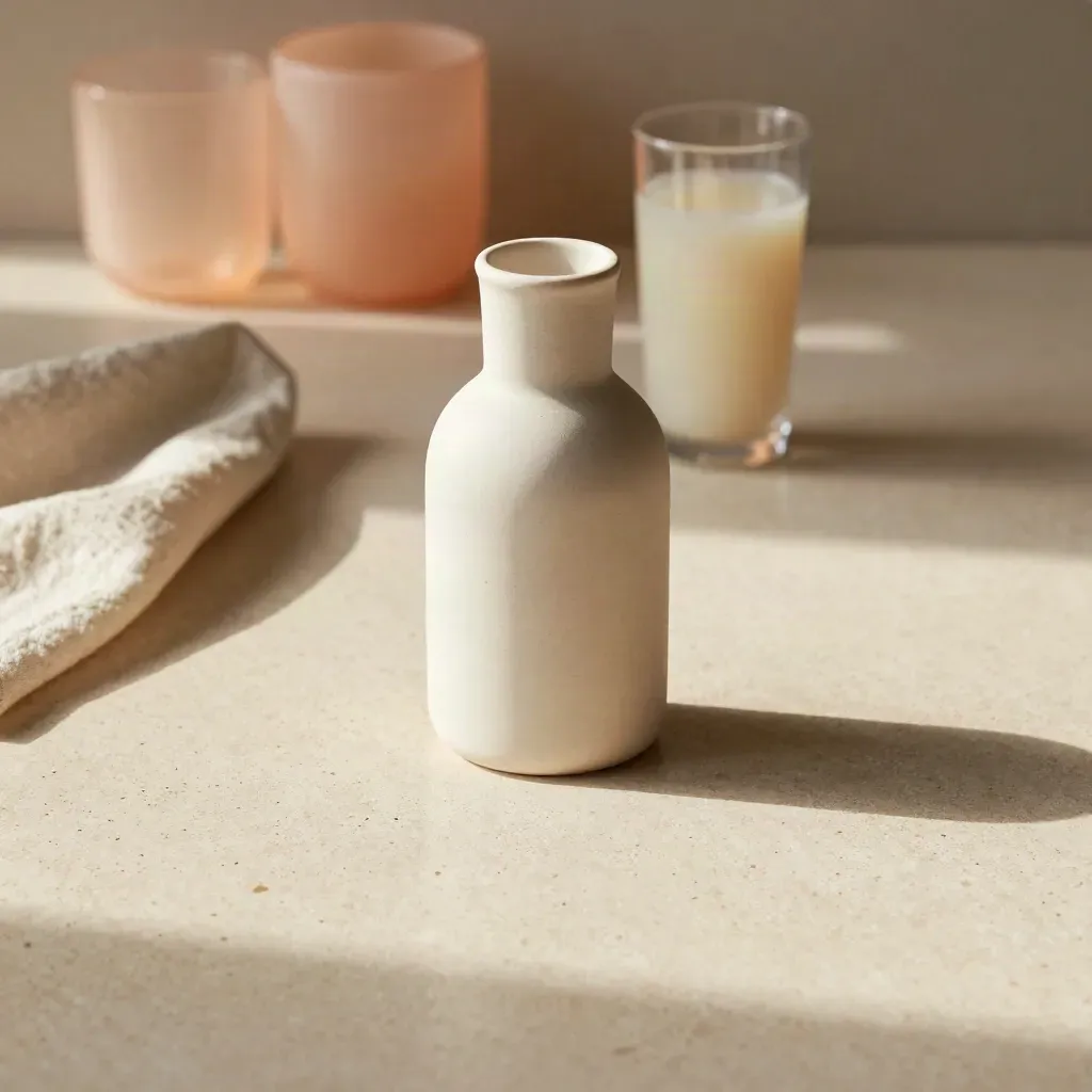 Travertine table with ceramic carafe, linen and peach glassware in soft sunlight