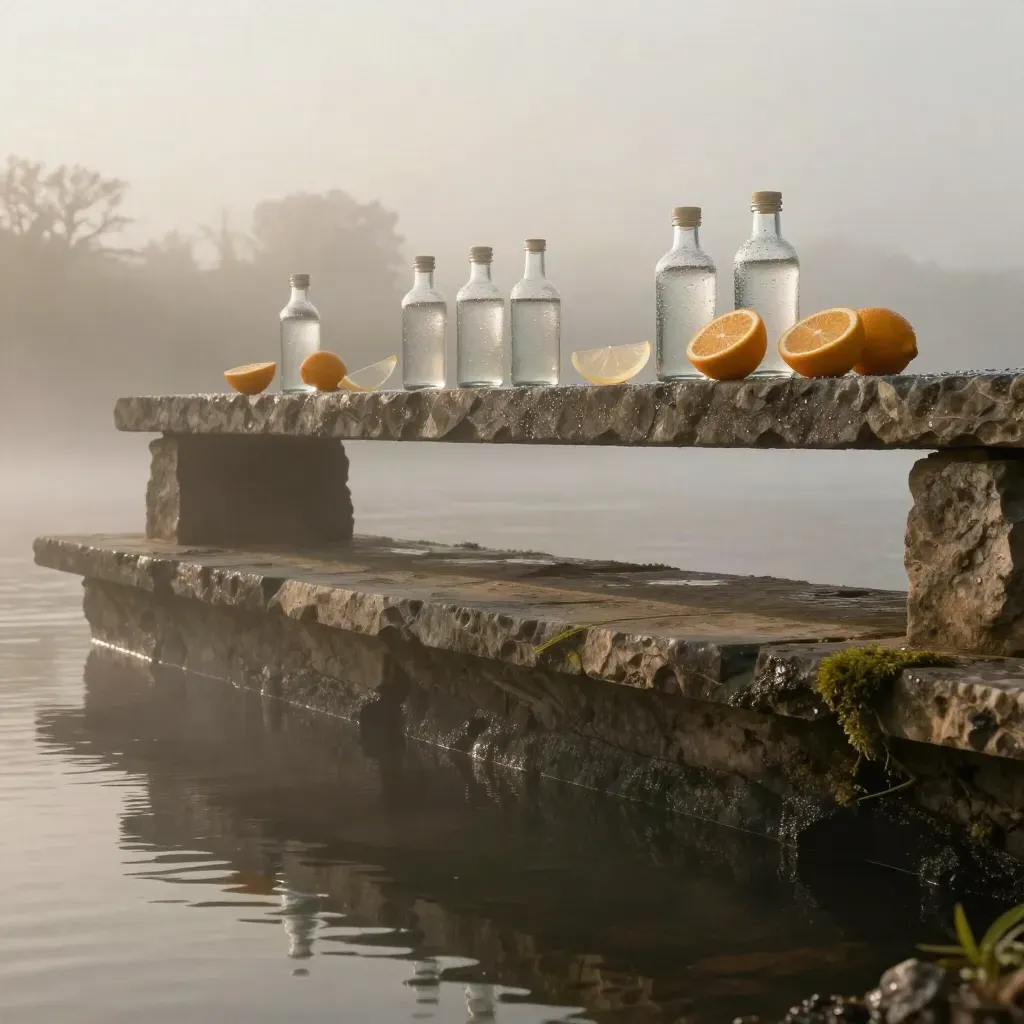 Misty river shelf with glass bottles and citrus halves above open foggy water.